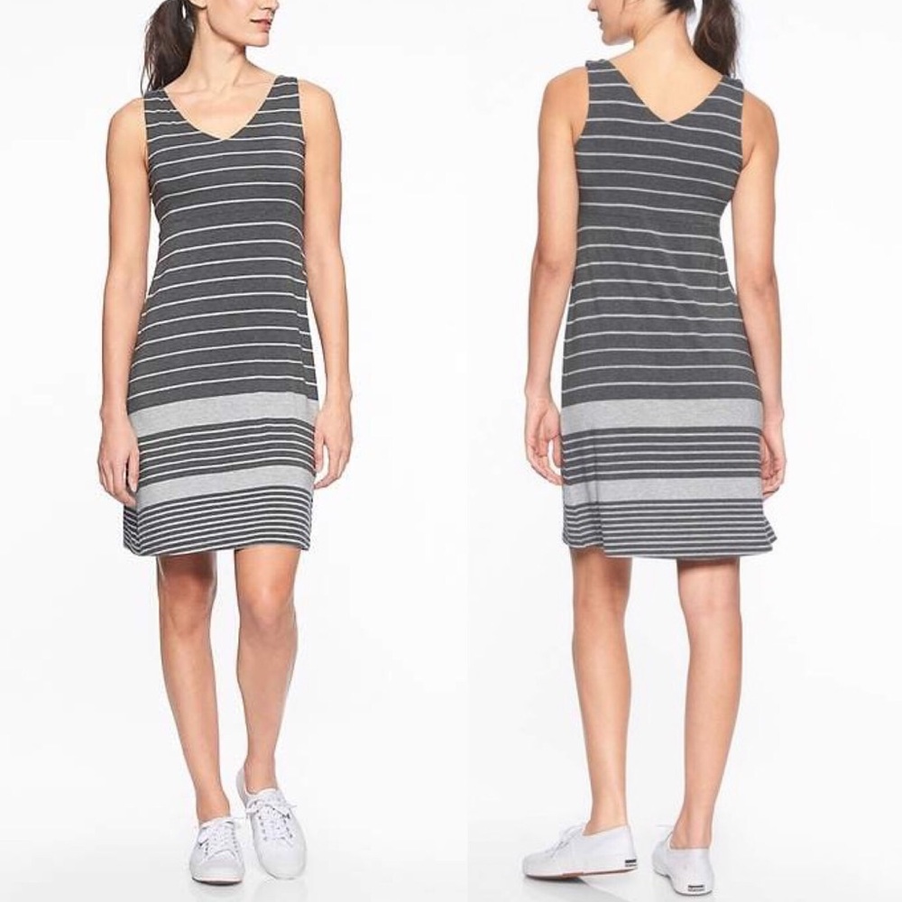 Athleta Gray and White Striped Sleeveless V-Neck Dress